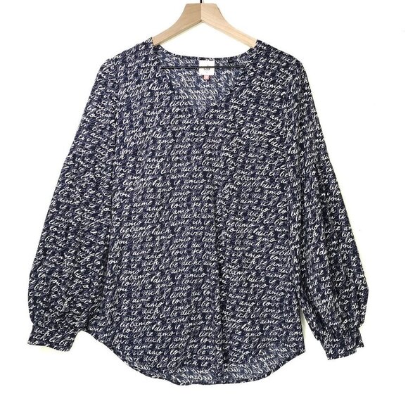 Cabi Te Amo Printed‎ Balloon Sleeve Blouse S Blue Top - Picture 1 of 11